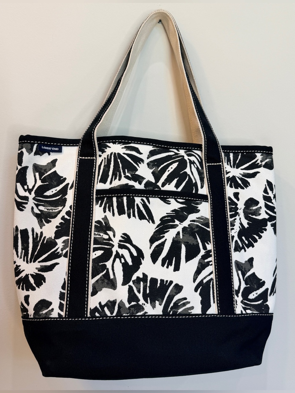 Lands’ End Black & White Tropical Floral Canvas Tote Bag